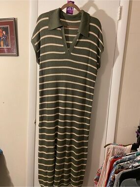 Striped Olive and Cream Maxi Polo Dress